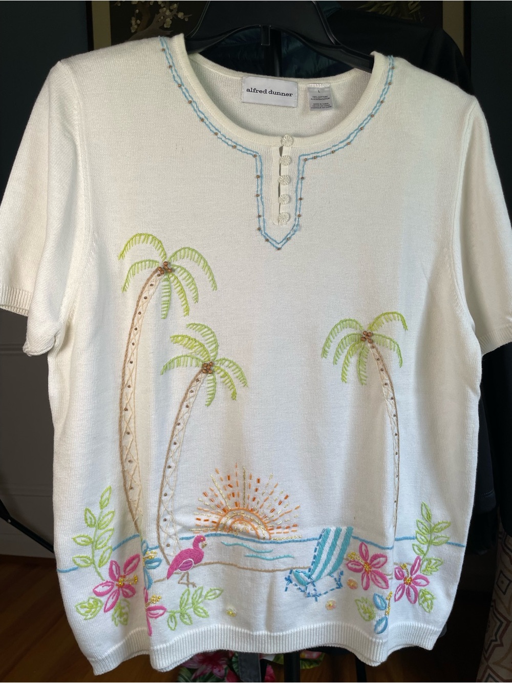 Vintage Alfred Dunner Embroidered Tropical Beach Knit Sweater - Size L